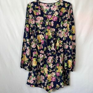 Neiman Marcus Navy Blue Floral Long Sleeve V-Neck Romper - Size Large